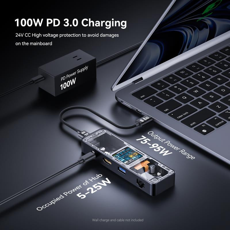 DOCKCASE Explorer Edition Visual Smart USB C Hub (6-In-1) with HDMI Port 4K@60Hz,Gigabit Ethernet,Usb-C and 2 USB-A 5Gbps Data Ports, 100W PD Power Delivery, for Macbook Air/Pro, XPS, and More