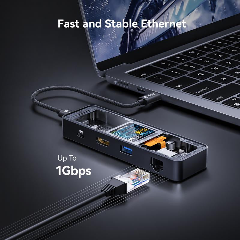 DOCKCASE Explorer Edition Visual Smart USB C Hub (6-In-1) with HDMI Port 4K@60Hz,Gigabit Ethernet,Usb-C and 2 USB-A 5Gbps Data Ports, 100W PD Power Delivery, for Macbook Air/Pro, XPS, and More